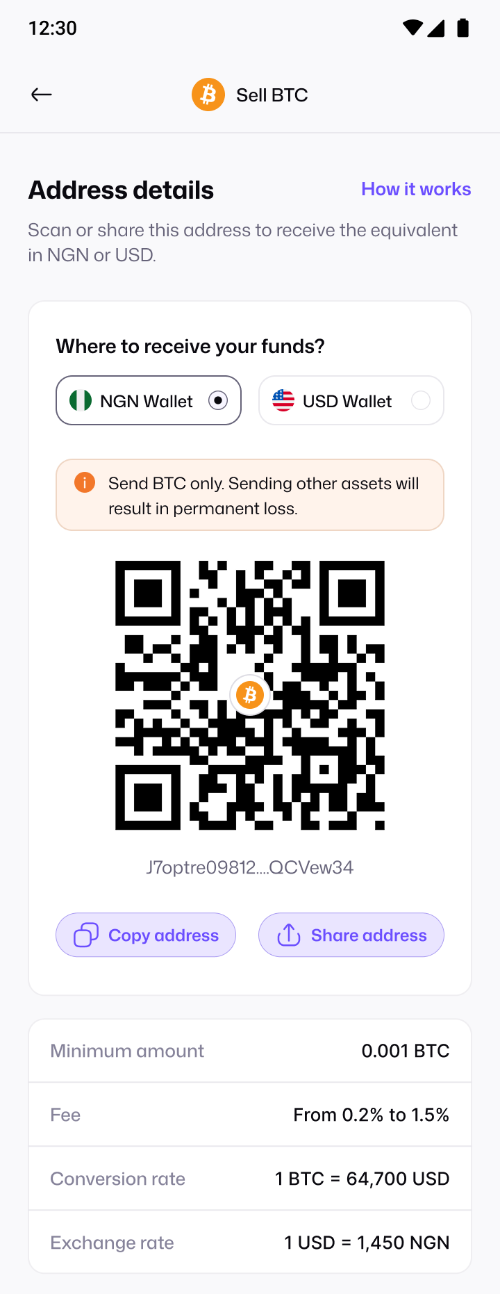 Pyker deposit address screen with a QR code and live rates